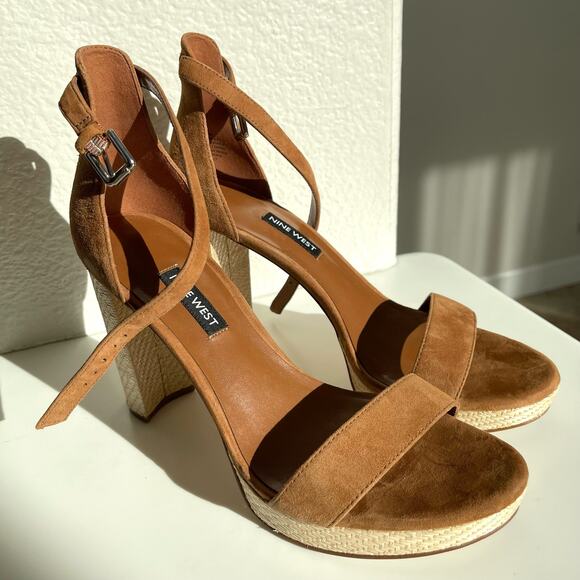 Nine West Women's Dempsey Platform Sandal Brown Leather Suede Block Heel Size 8 - Picture 1 of 8